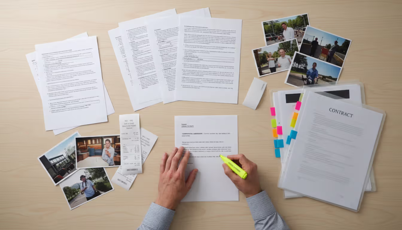 Overhead view of hands organizing legal evidence including printed emails receipts photos and a marked contract on a bright desk