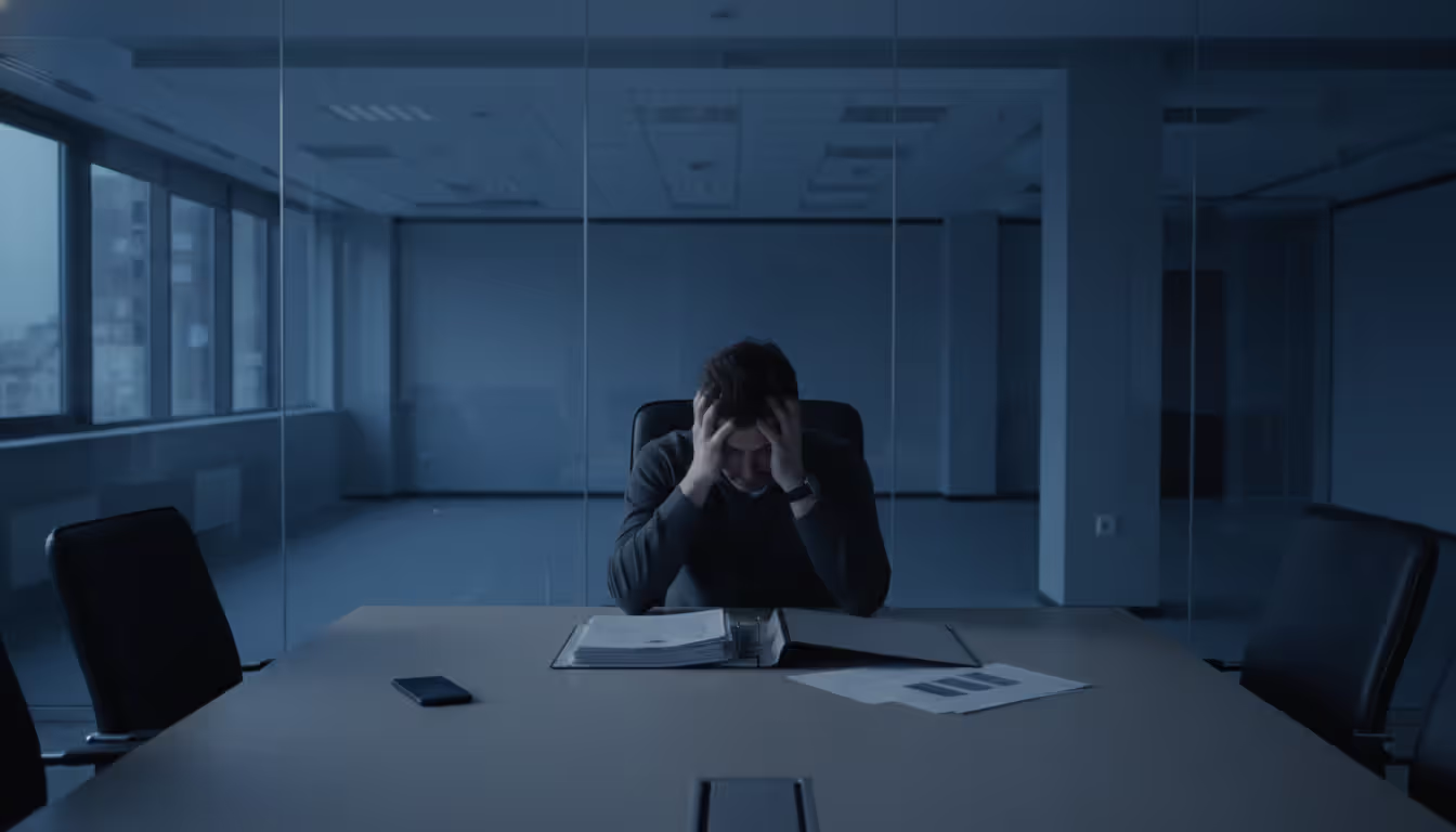 Distressed business person sitting alone in an empty conference room with head in hands documents on the table and a dark office visible through glass walls
