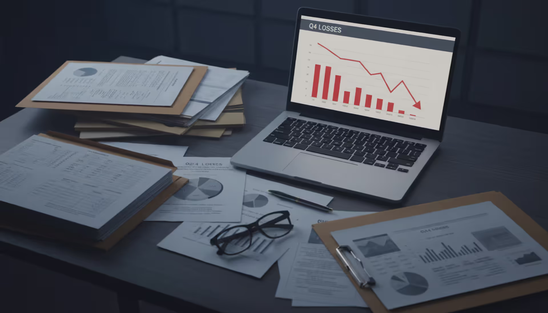 Business owner desk with scattered financial documents and laptop showing declining charts during bankruptcy crisis