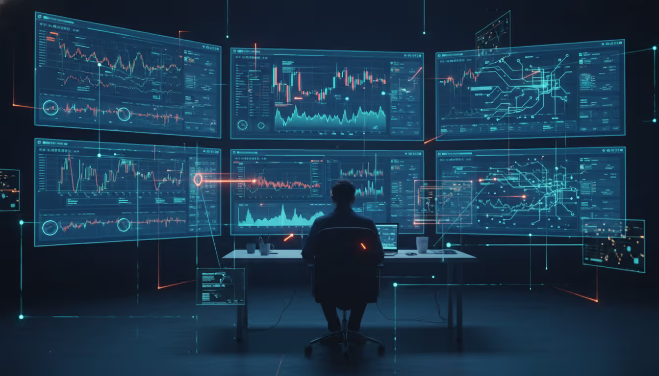Modern digital monitoring center with large screens displaying data streams and transaction graphs, analyst workstation with laptop, holographic data connection lines in dark blue and teal color scheme