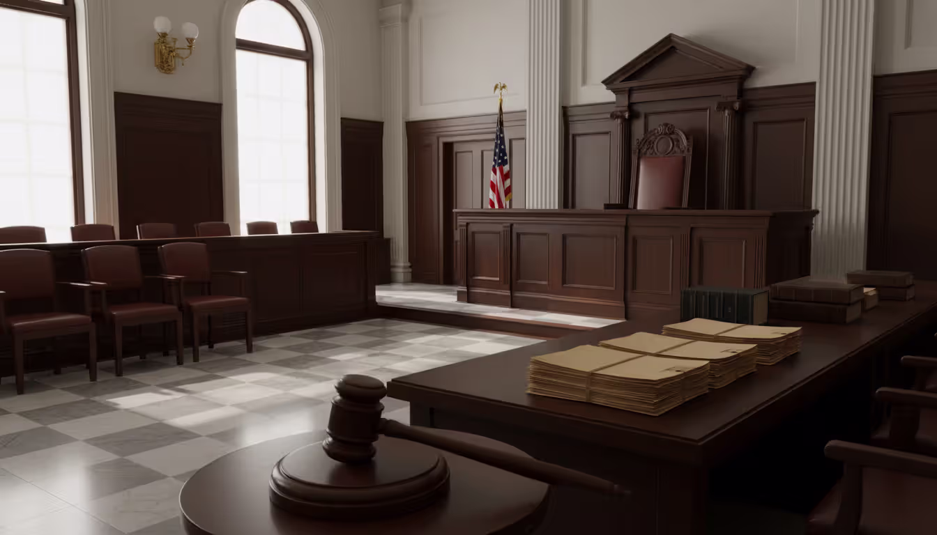 Interior of a US federal courtroom with dark wooden judge bench, empty jury box, prosecution table with case folders, and a gavel resting on its stand in soft natural window light