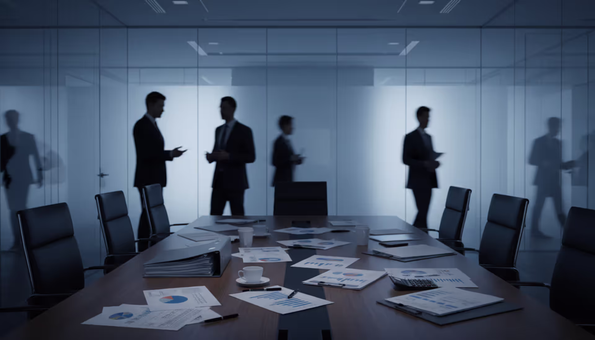 Modern corporate boardroom with scattered financial documents on a glass table and blurred silhouettes of business professionals in the background, cold blue-grey lighting