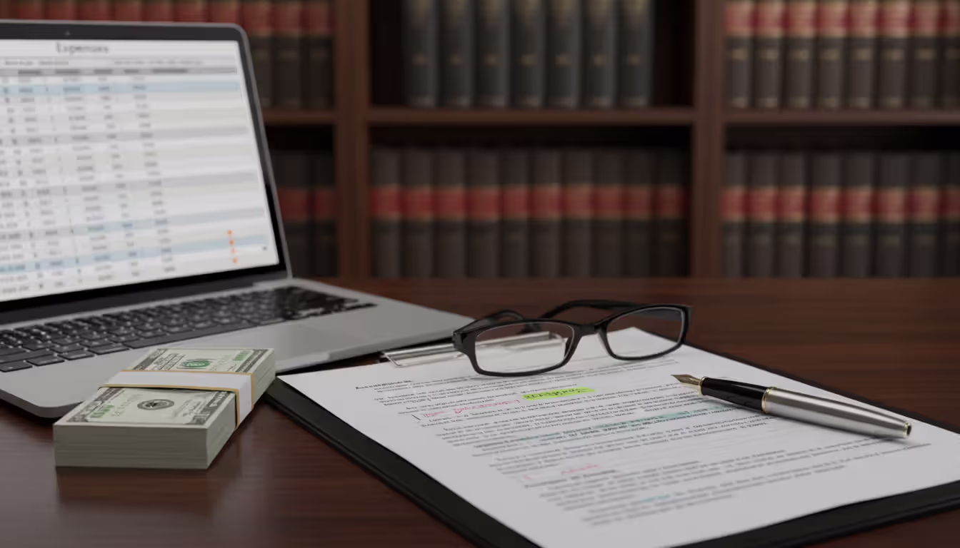 Lawyer desk with legal documents folder, laptop showing expense spreadsheet, stack of dollar bills, pen and glasses, law books on shelves in background