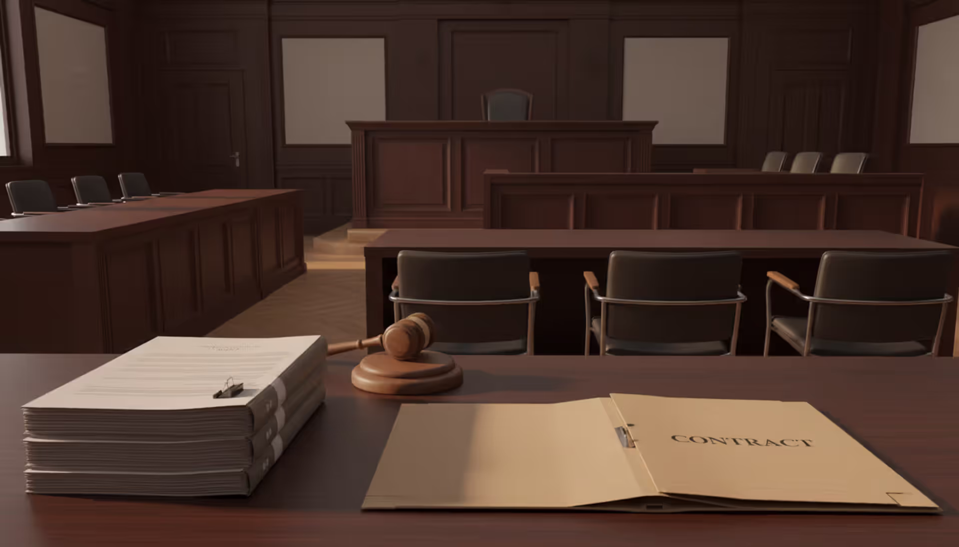 Empty modern courtroom with judge gavel on bench, stack of business documents and contract folder on attorney table, warm formal lighting