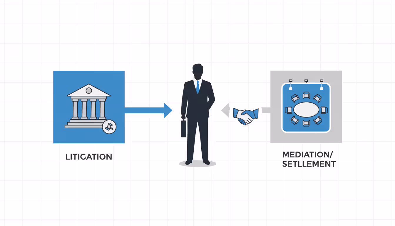 Infographic showing a business person at a crossroads choosing between a courthouse on the left and a private arbitration room on the right