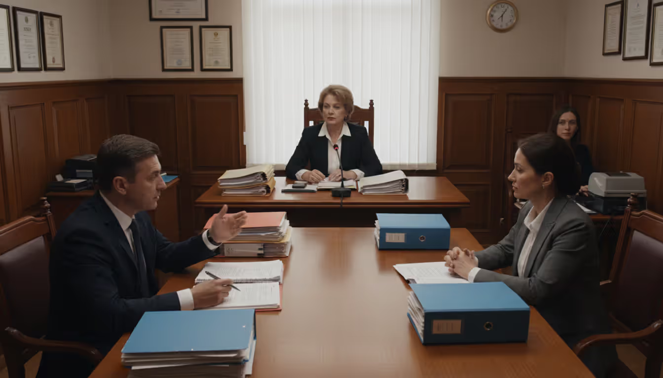 Private arbitration hearing room with an arbitrator at the head table, two attorneys presenting arguments, and a witness testifying in a small formal setting without jury