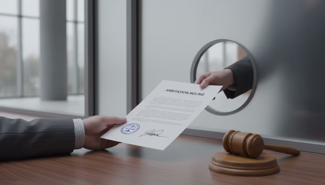Official arbitration award document with a seal and signature lying next to a gavel, a hand in a business suit submitting the document to a court clerk window for confirmation