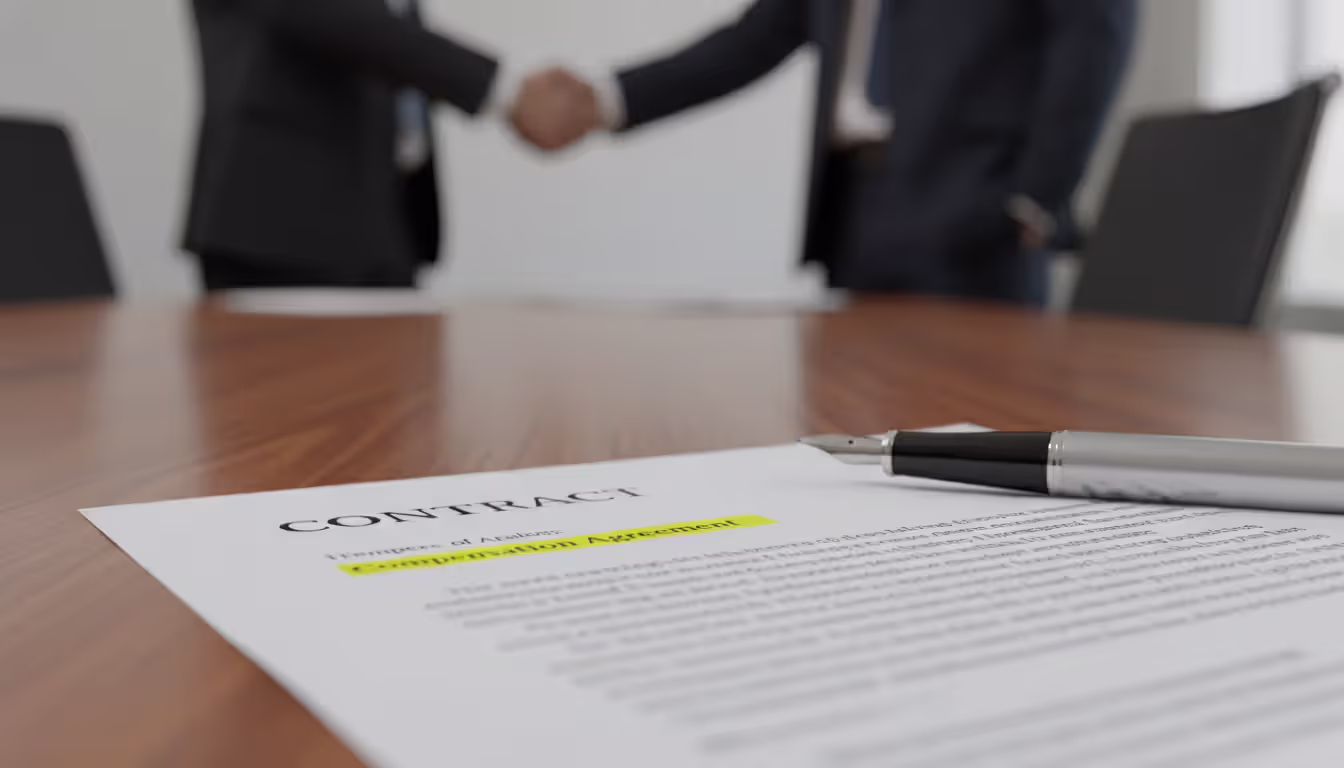 Close-up of a business contract on a desk with a highlighted arbitration clause, a pen beside it, and two blurred figures shaking hands in the background