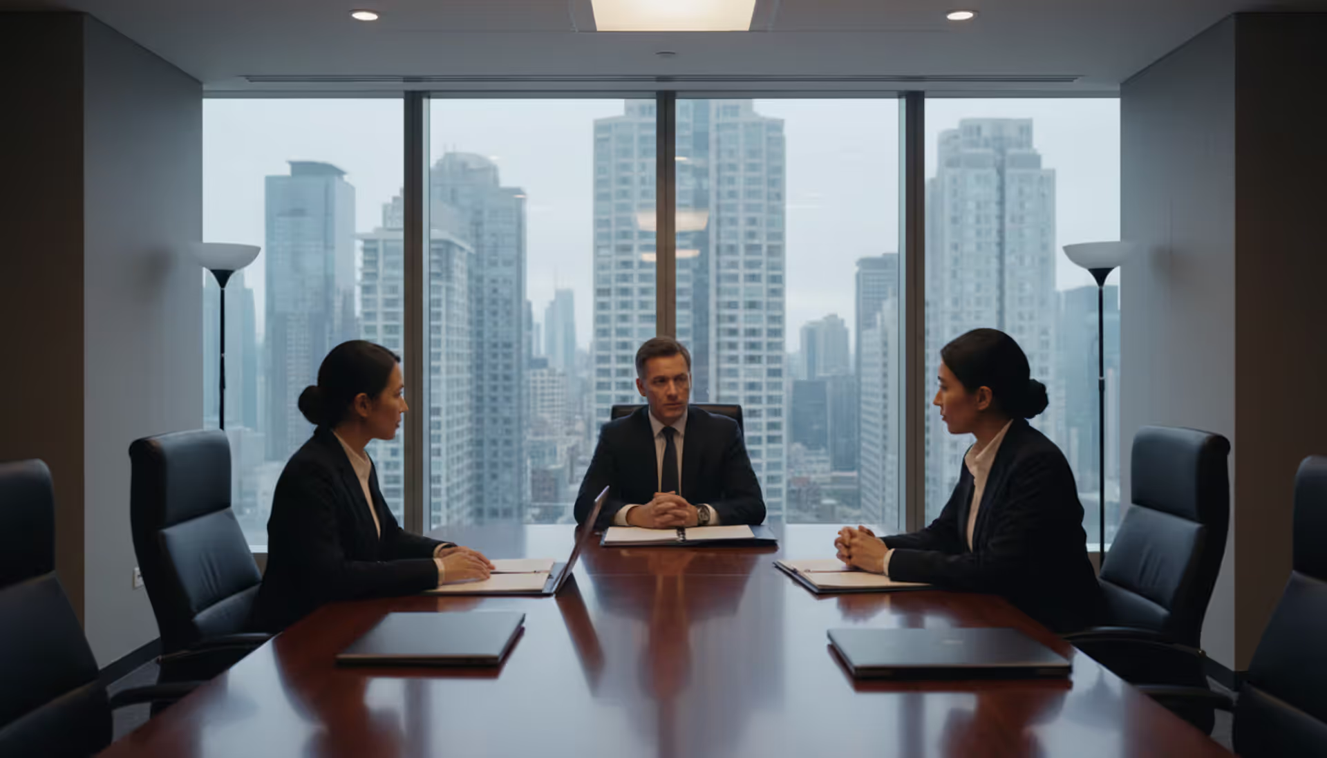 Modern conference room with three business professionals at a dark wood table during an arbitration hearing, folders and laptops on the table, city skyline visible through panoramic windows