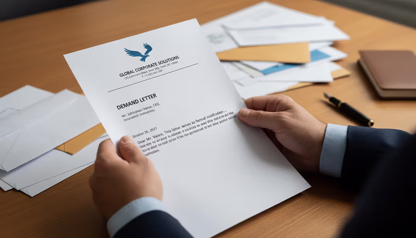 Close-up of businessman hands holding a formal demand letter on corporate letterhead with business correspondence blurred in background