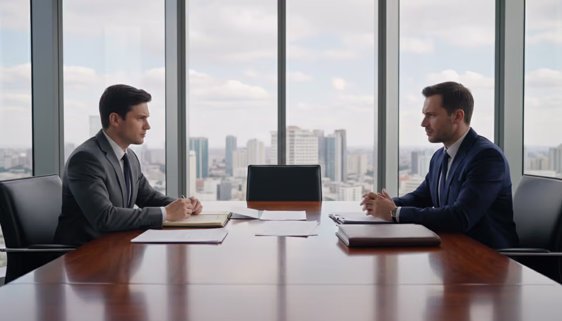 Two businessmen in suits sitting across a large conference table in a modern office with panoramic windows, negotiating over documents