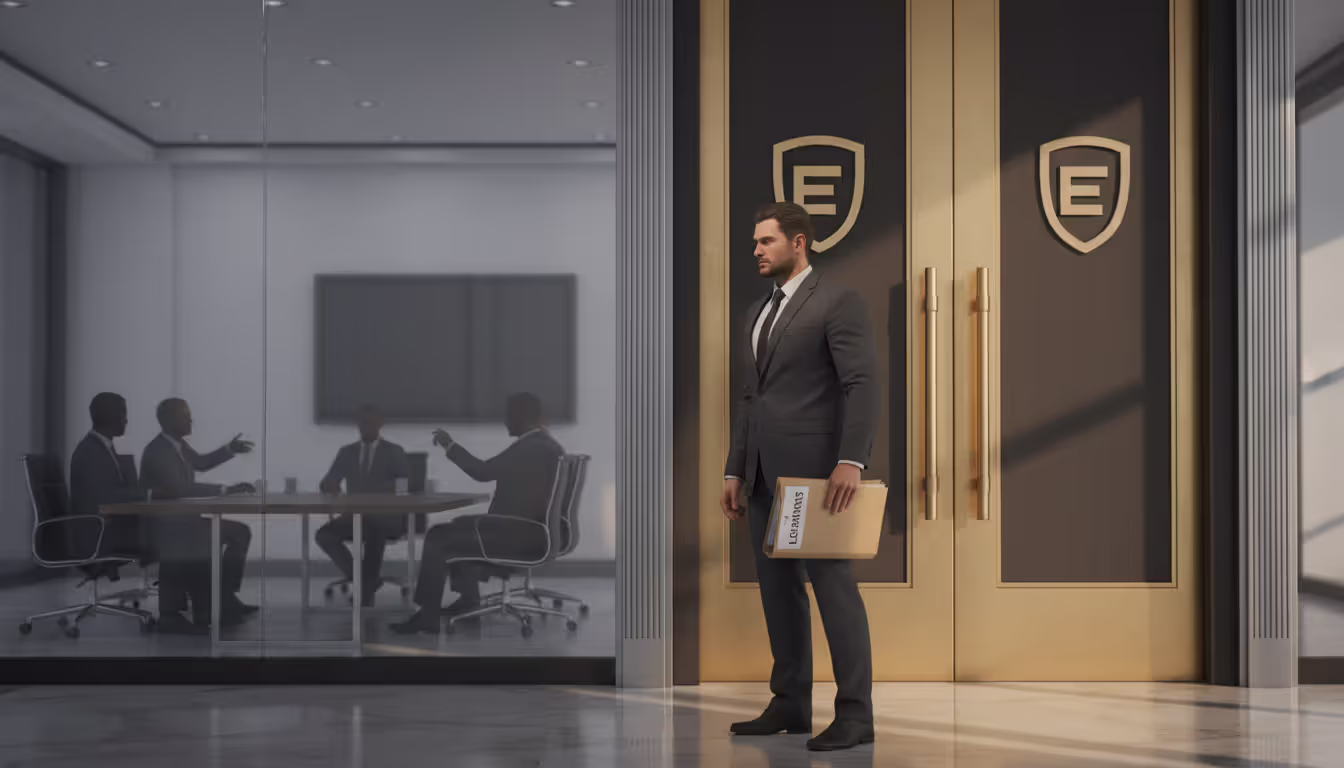 Minority shareholder in business suit holding legal folder standing before closed corporate glass door with directors visible inside at a meeting table