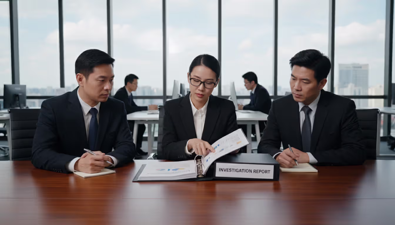 Three corporate directors in suits reviewing thick investigation report at conference table in modern glass-walled office setting