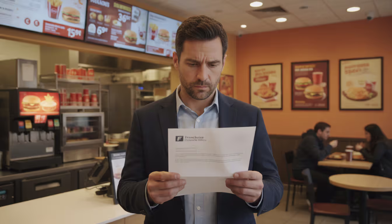 Franchise restaurant owner standing behind counter reading an official legal notice letter with a concerned expression
