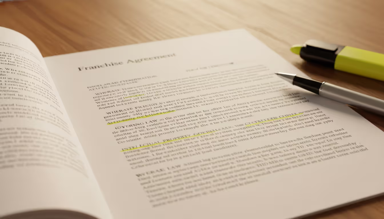 Close-up of a multi-page franchise agreement document on a wooden desk with a pen and yellow highlighter marking specific clauses