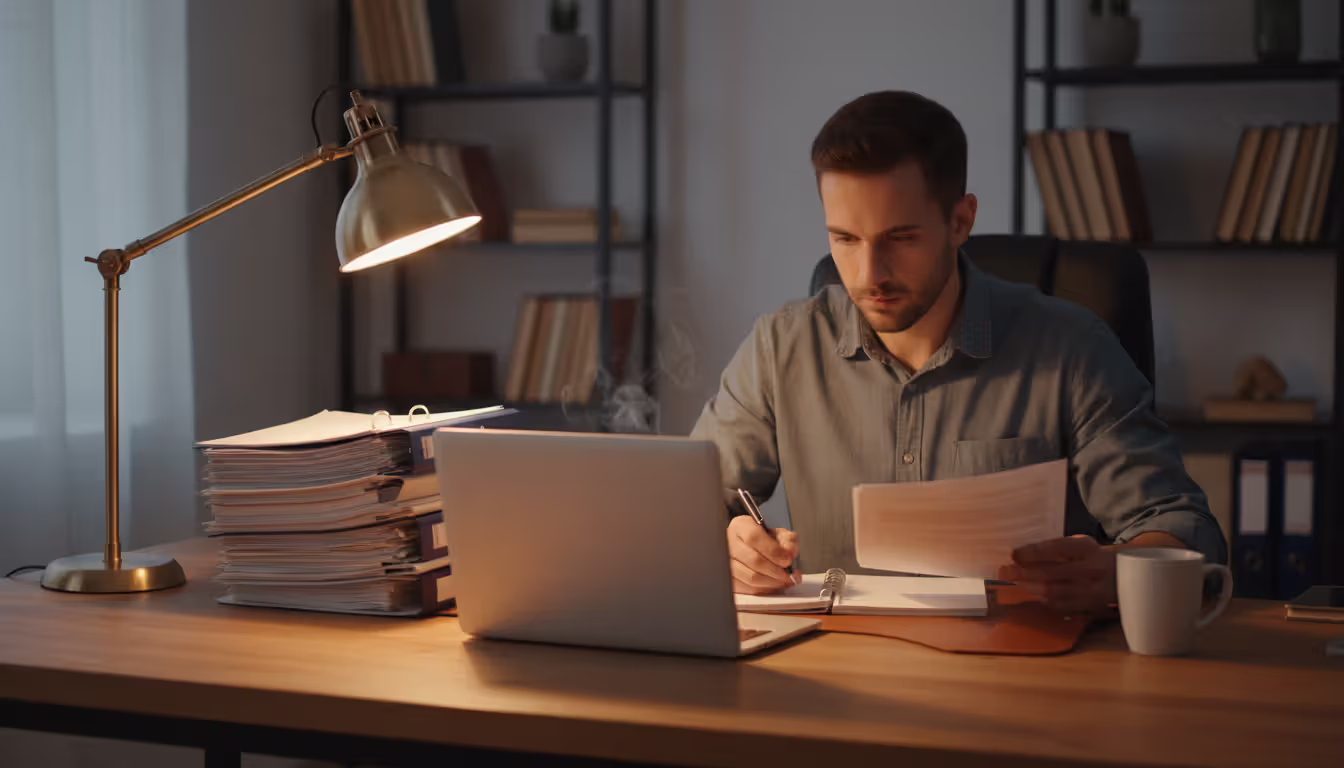Entrepreneur sitting at a home office desk studying legal documents and taking notes in a notebook with a laptop open and a coffee cup nearby