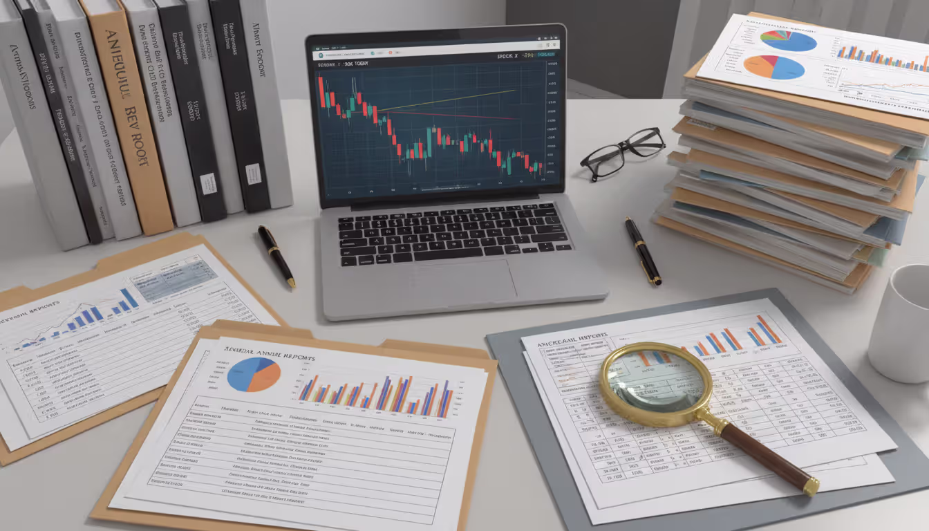 Lawyer desk with financial documents, annual reports, and laptop showing sharp stock price decline chart during fraud investigation