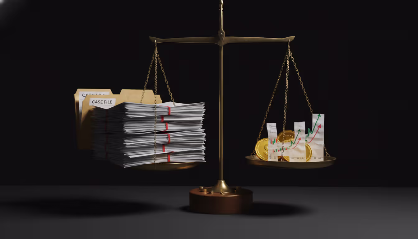 Scales of justice balancing legal documents against gold coins and stock market charts, symbolizing securities fraud litigation requirements