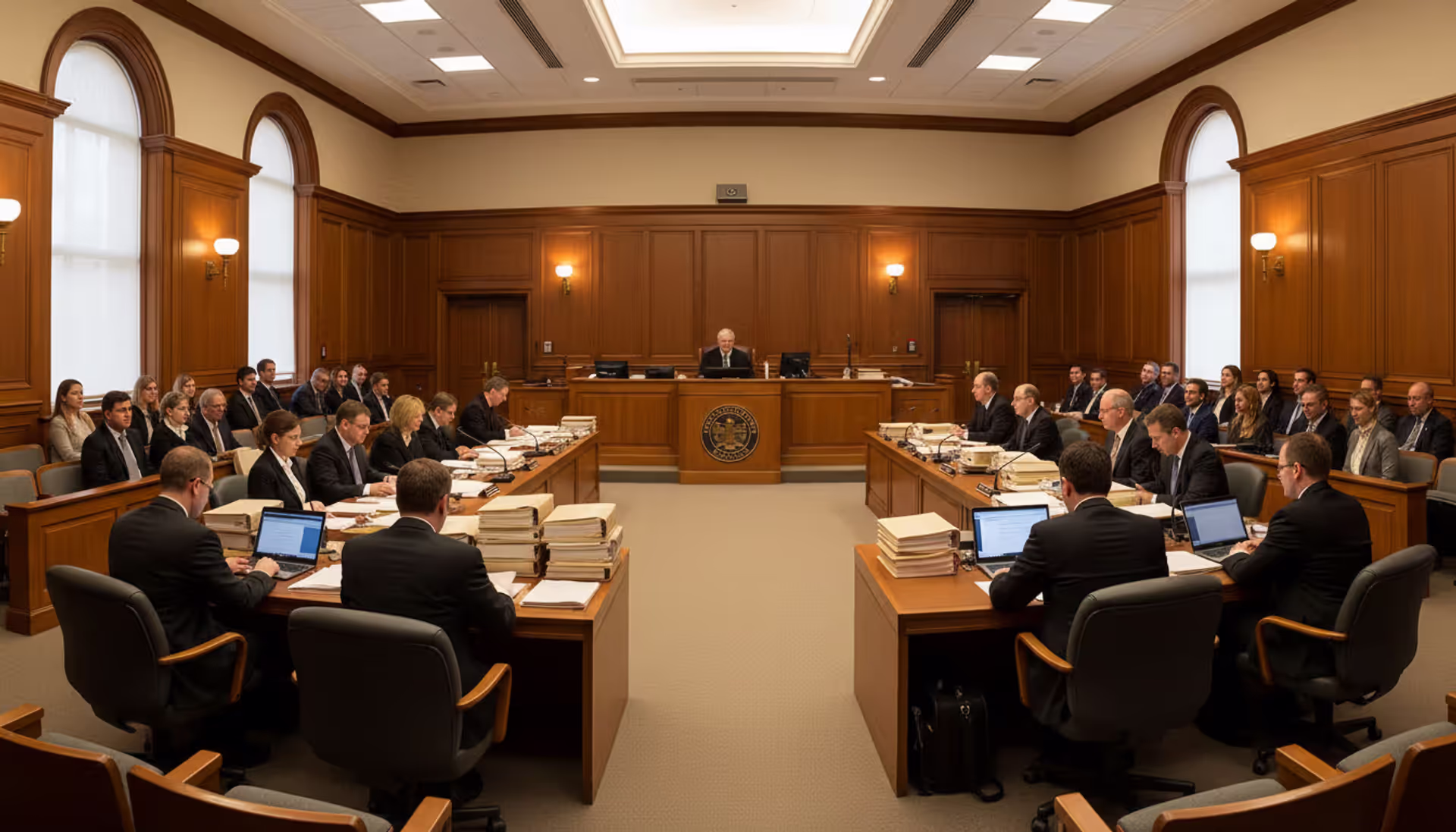 Federal courtroom during a securities class action hearing with judge, attorneys at tables, and rows of investors in the gallery