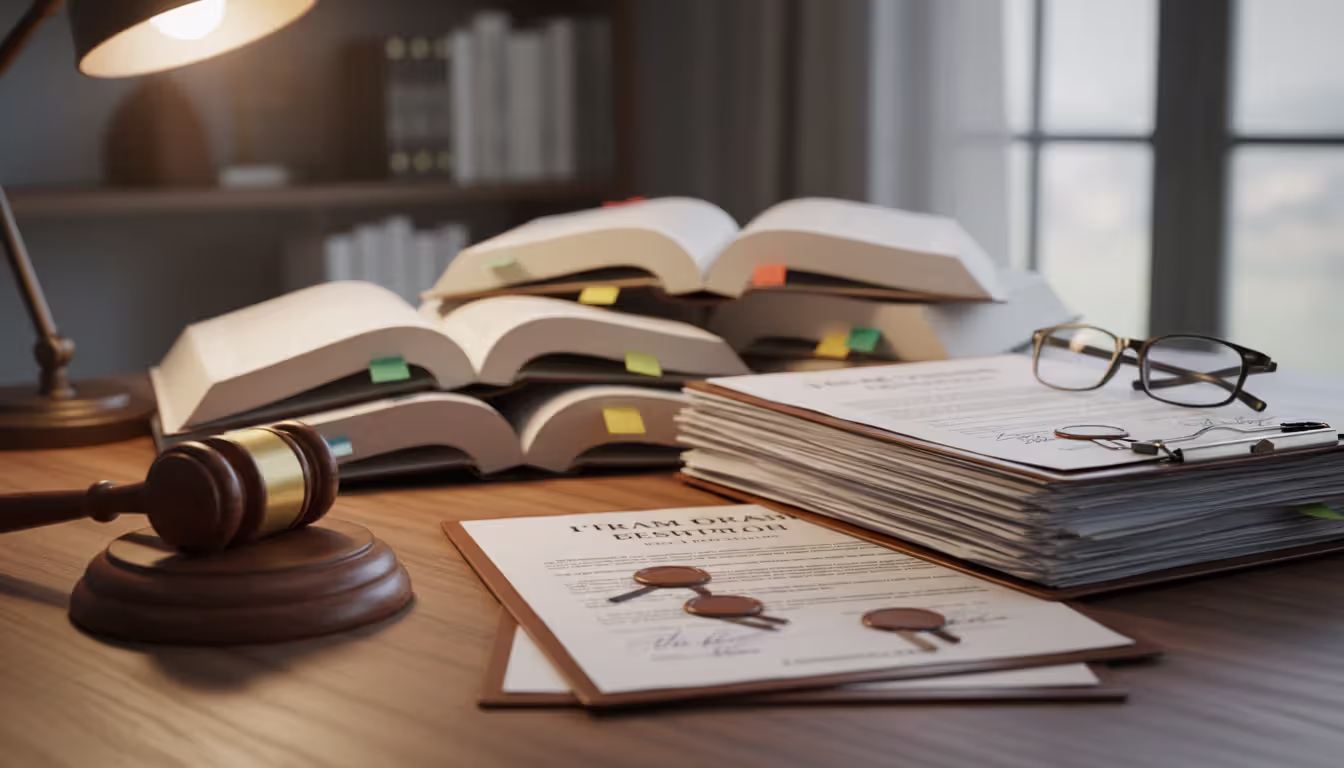 Lawyer desk with open legal books, official documents with seals, a wooden gavel, and reading glasses under warm lamp light