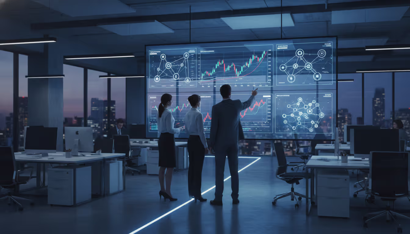 Team of investigators in business attire analyzing stock market data and network connection charts on a large digital wall screen in a modern office