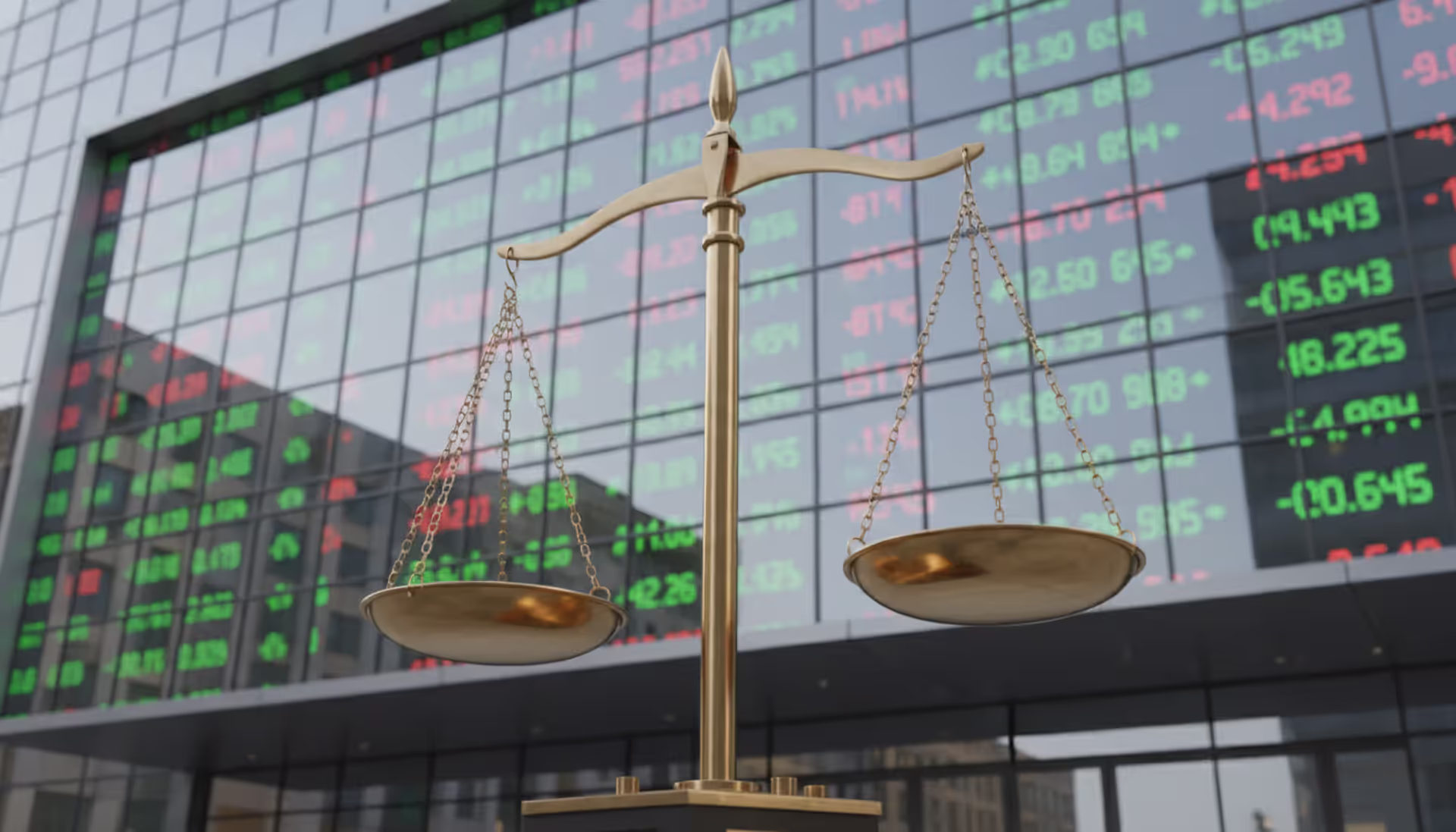 Bronze scales of justice in front of a modern glass stock exchange building with blurred digital stock tickers reflected in the facade