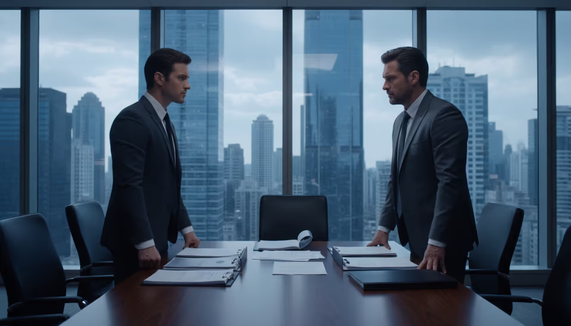 Two businessmen in suits facing each other across a conference table with legal documents, tense corporate dispute atmosphere, panoramic city view through office windows
