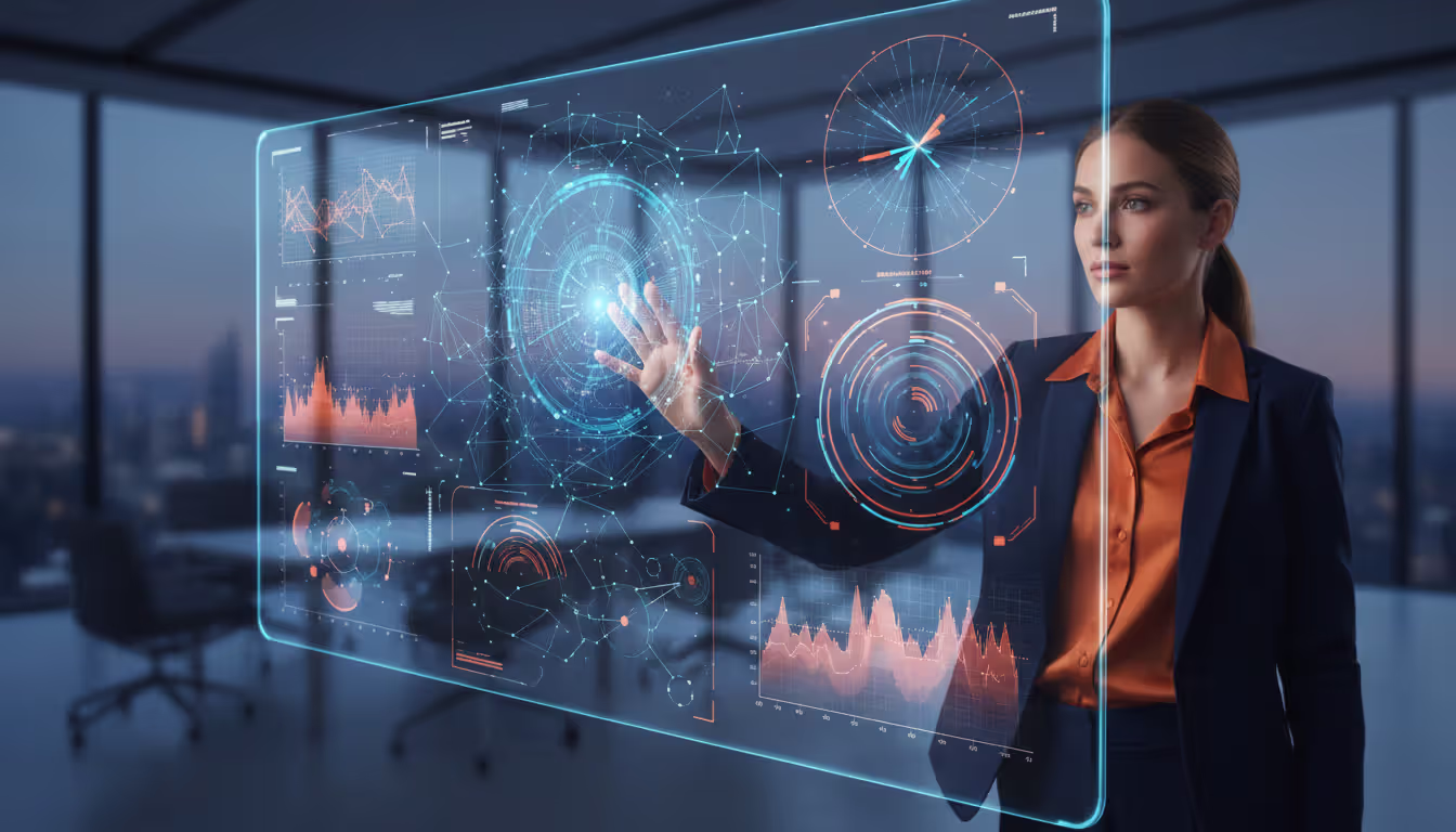 Business professional in a suit interacting with a large transparent screen displaying abstract data visualizations including heat maps and connection nodes in a modern blurred office background