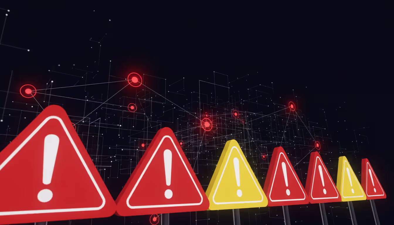 Digital illustration of red and yellow warning signs with exclamation marks overlaid on a dark network diagram with some nodes highlighted in red symbolizing AI compliance errors and vulnerabilities