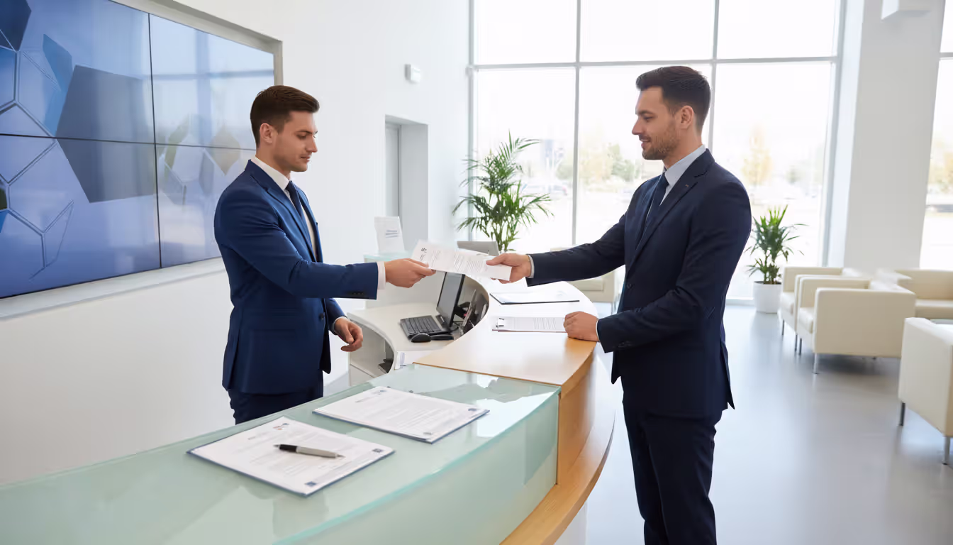 Bank employee handing official documents to a business person for signing at a bank counter