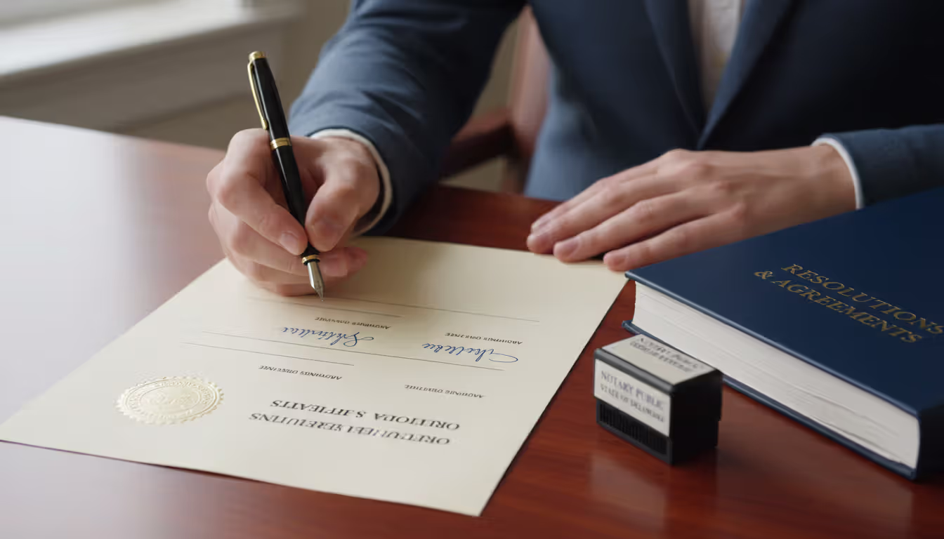 Close-up of hands signing a corporate resolution document with a notary stamp nearby on a desk