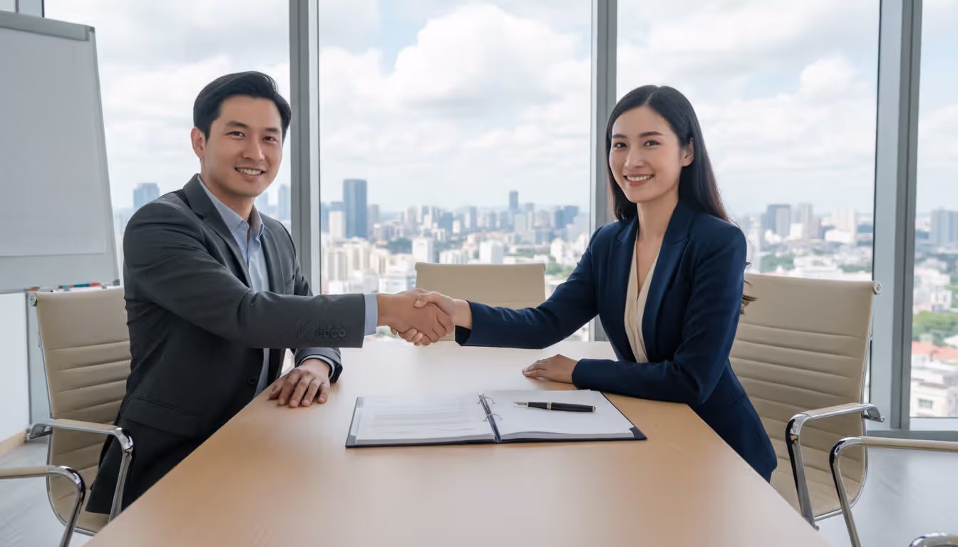 Two business professionals shaking hands over a signed contract in a bright conference room