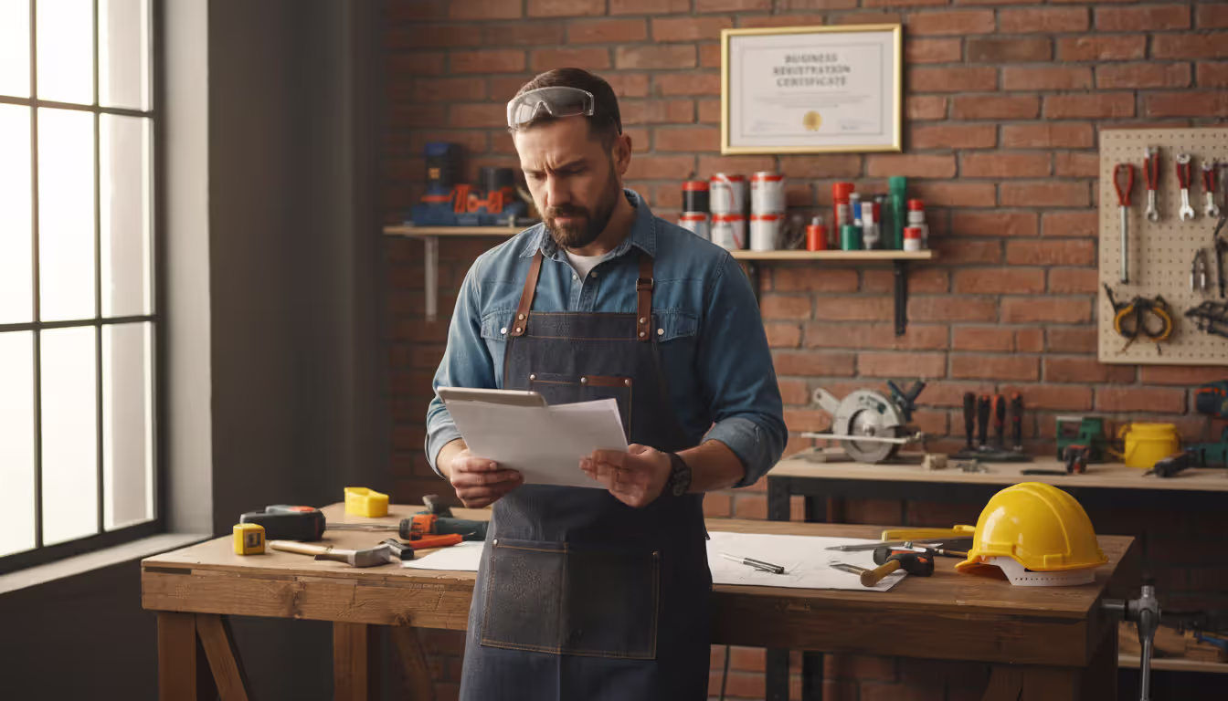 Small business owner reviewing documents in a workshop with tools and a framed business registration certificate on the wall