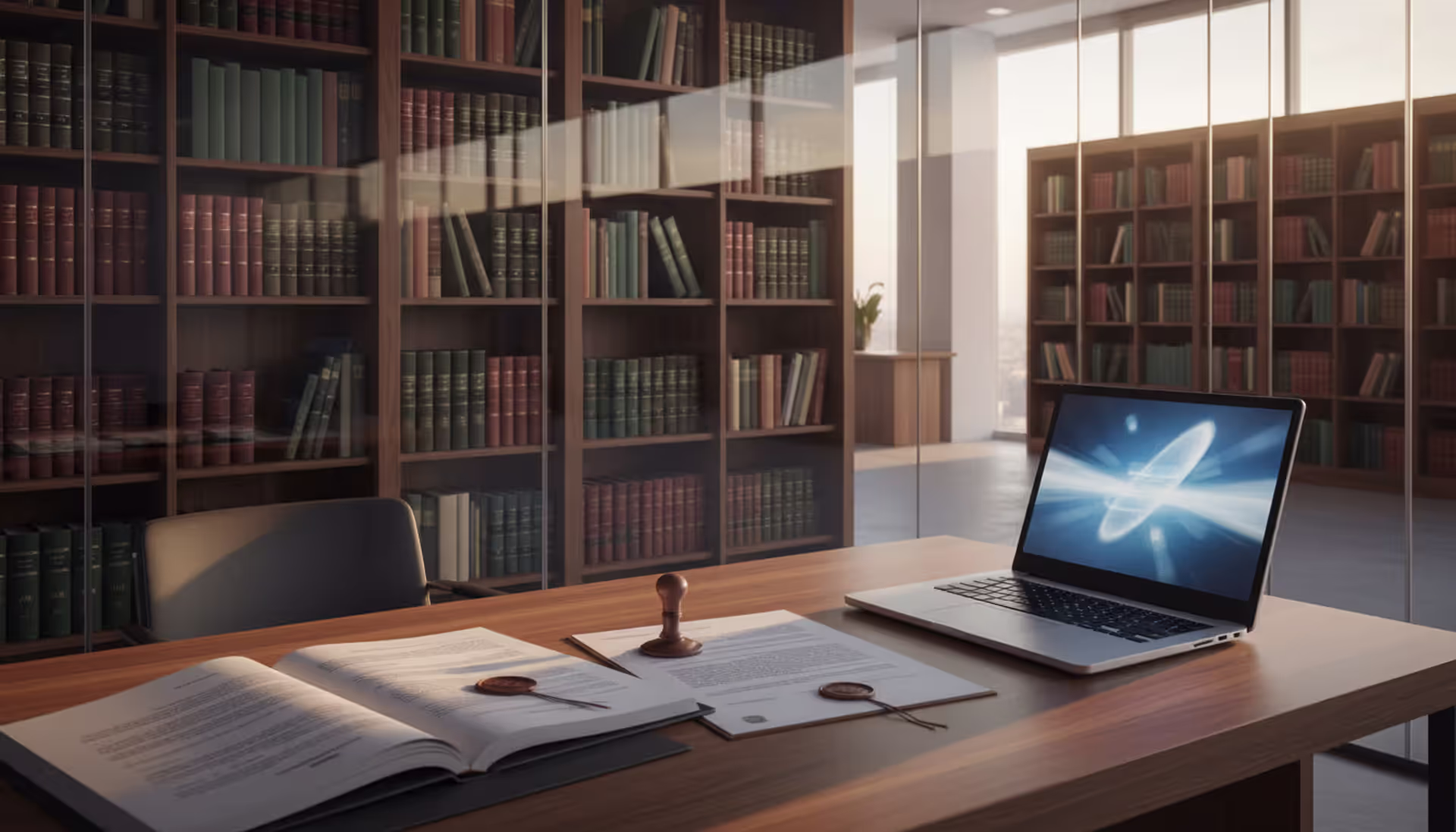 Modern business office with legal documents, laptop, and shelves of law books in leather bindings