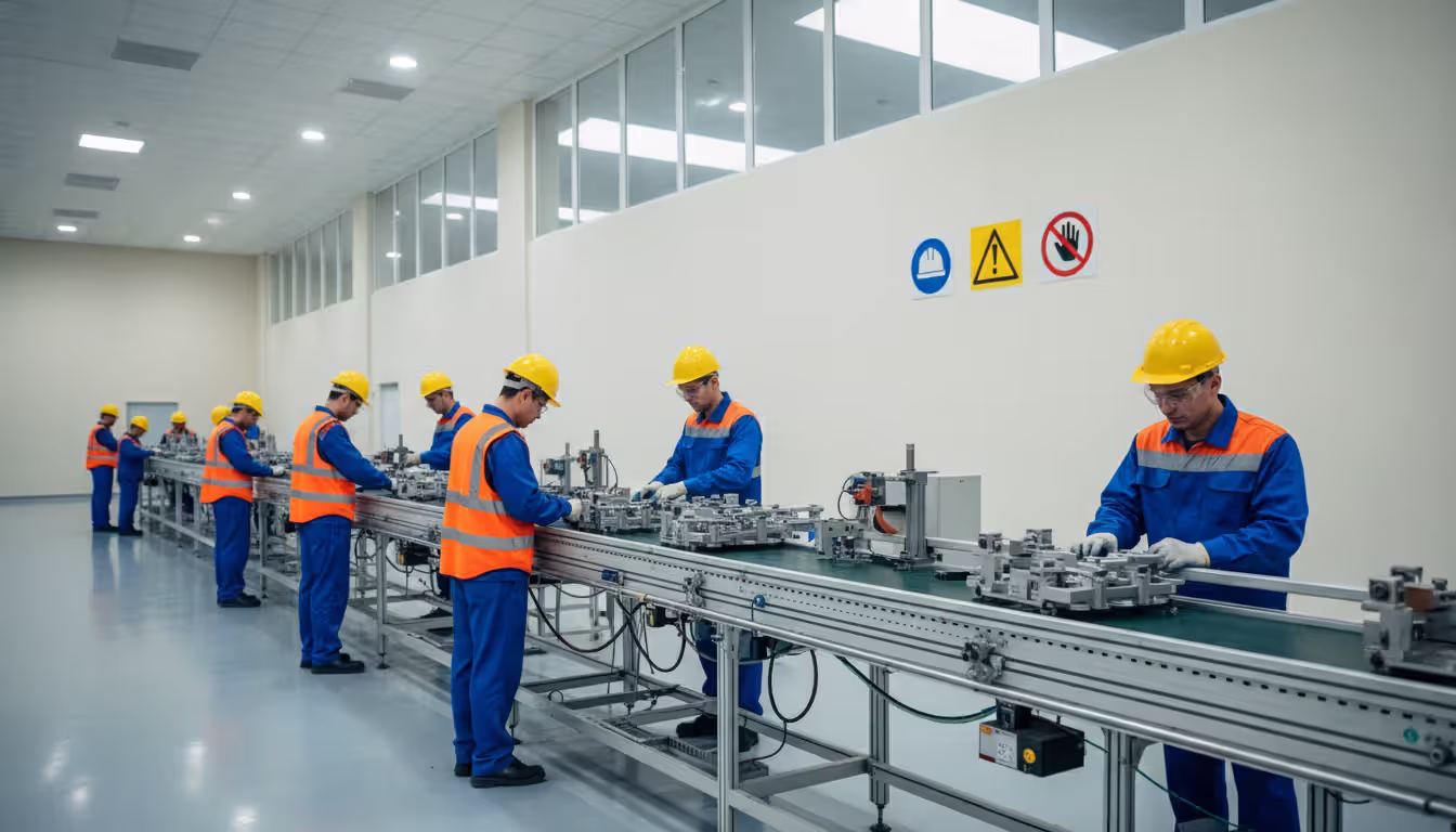 Factory workers wearing hard hats and safety vests operating on a production line in a well-lit manufacturing facility with safety signs
