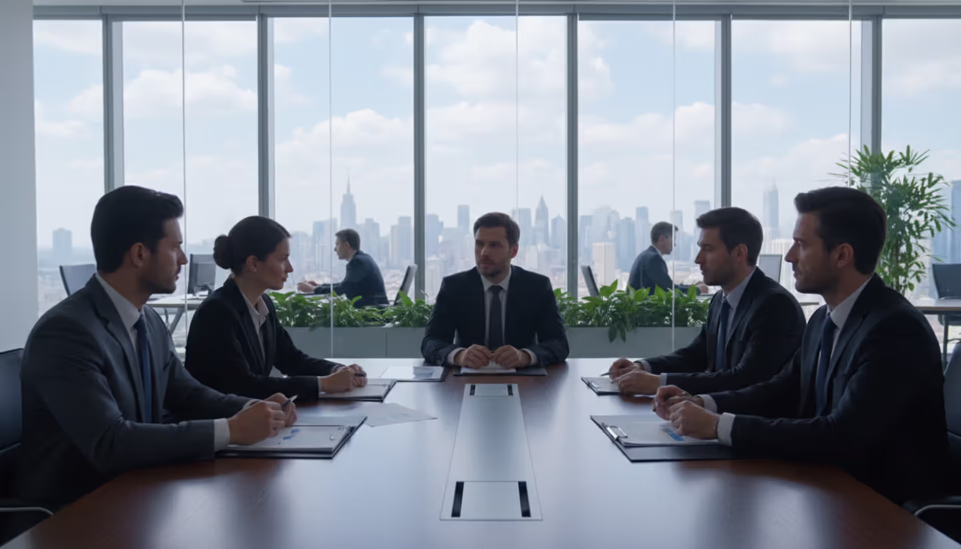 Corporate boardroom with business professionals reviewing compliance documents in a modern office with panoramic city view