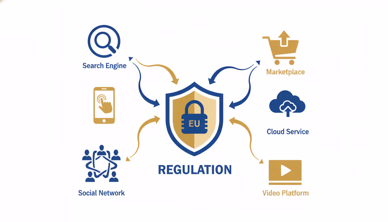 Infographic showing abstract icons of six major tech platform types connected by arrows to a central regulatory shield symbol in EU blue and gold colors