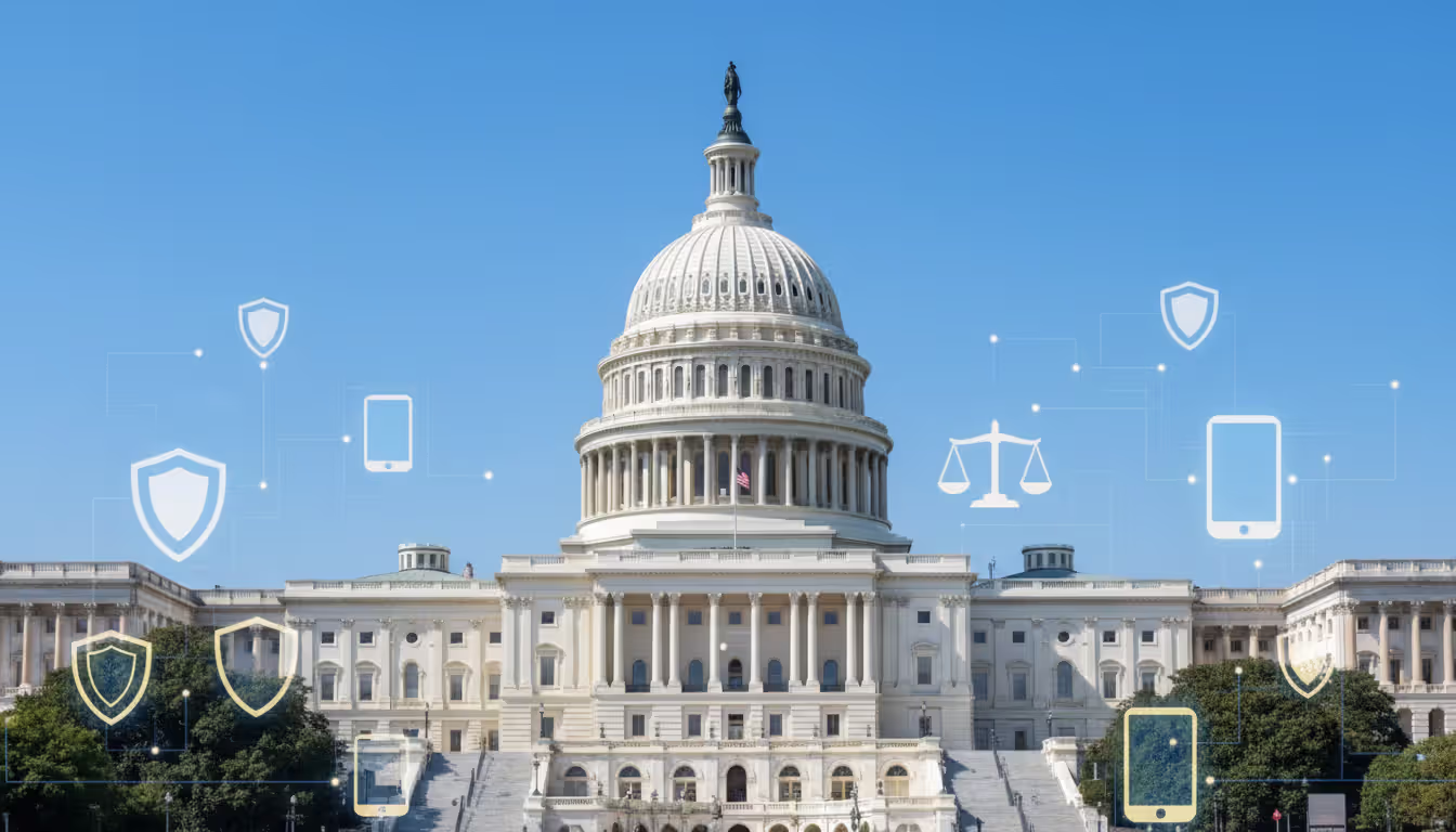 US Capitol building in Washington DC with semi-transparent digital overlay icons of shield smartphone and justice scales symbolizing DMA influence on American tech regulation
