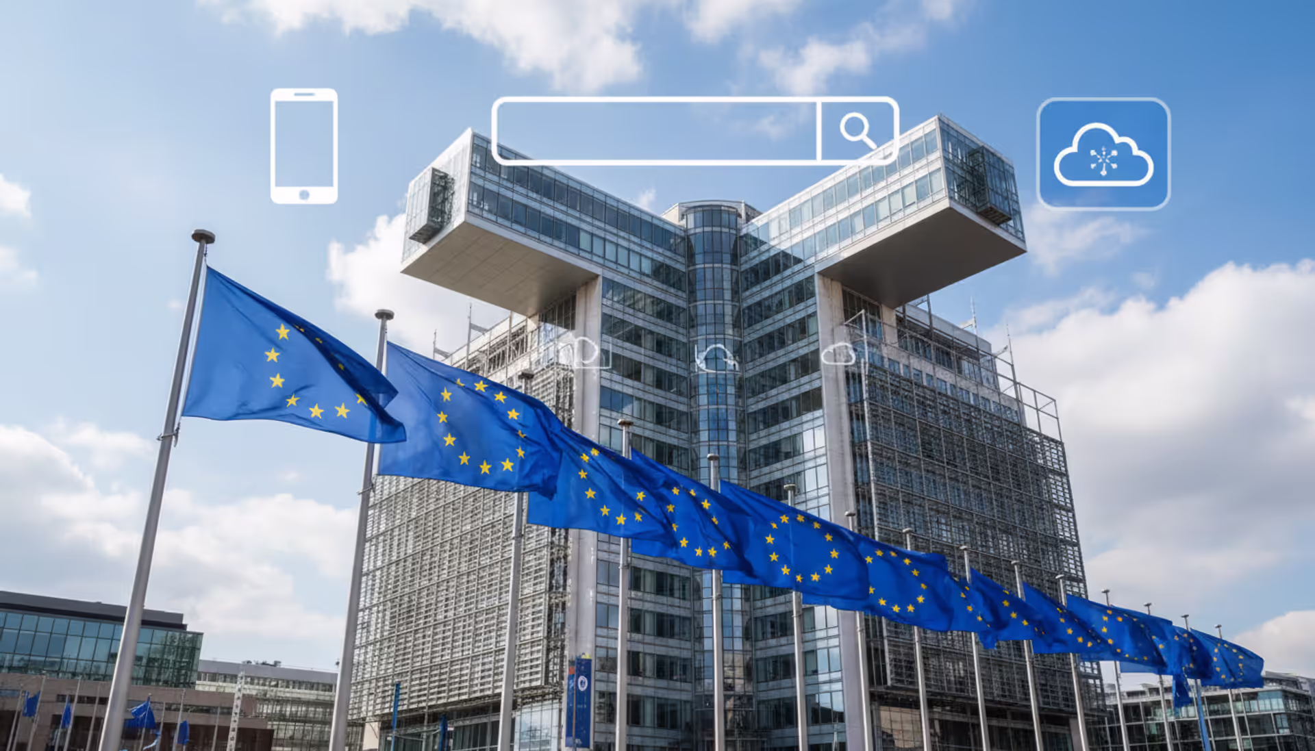 European Commission Berlaymont building in Brussels with EU flags and digital technology icons overlay symbolizing Digital Markets Act regulation