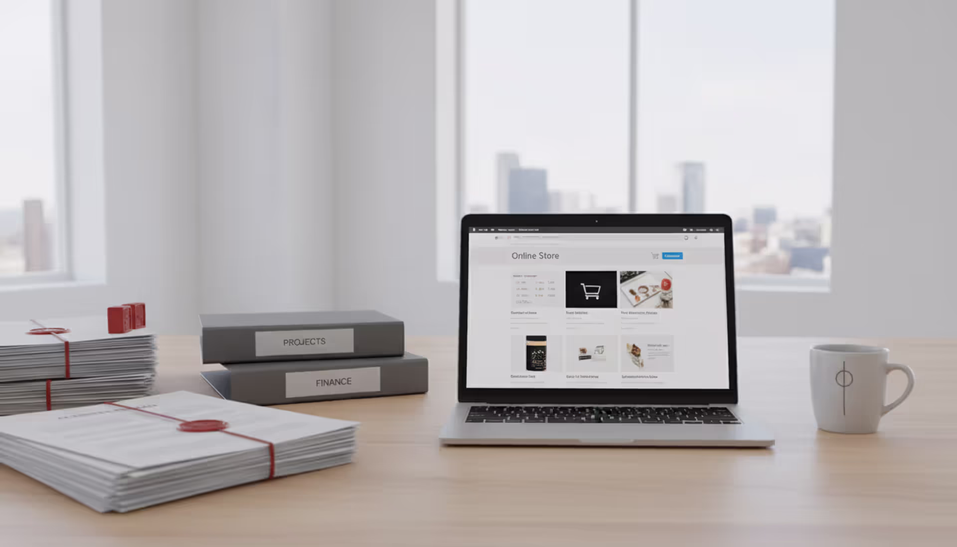 Entrepreneur workspace with laptop showing online store interface and stack of legal compliance documents on a modern desk