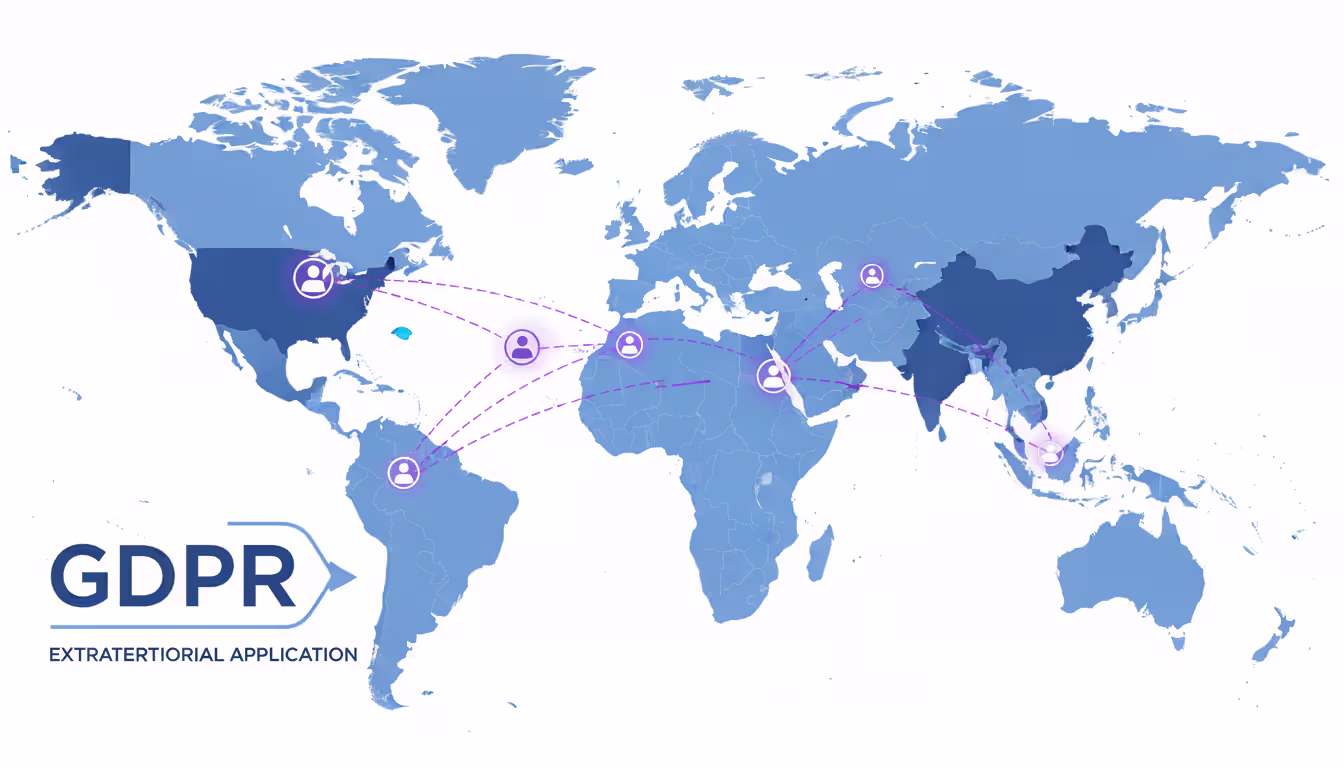 Infographic-style world map highlighting US and EU territories connected by digital data flow lines with user icons, flat design in blue and purple tones
