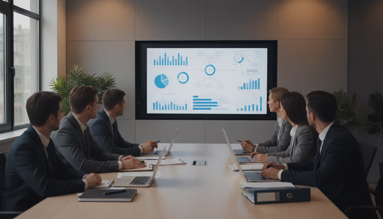 Business team in modern meeting room reviewing data flow diagrams on large screen, laptops and documents on table, professional office setting