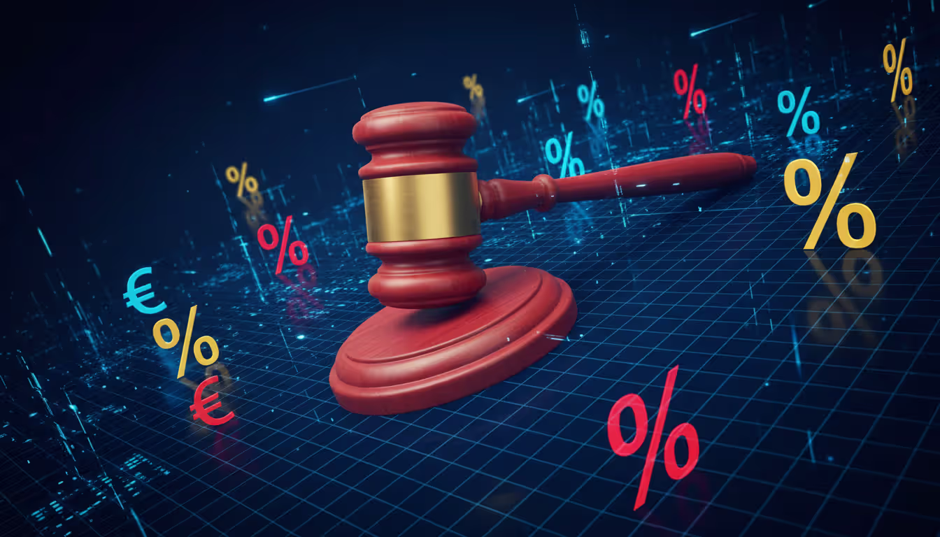 Abstract visualization of enforcement and penalties concept with stylized gavel, digital data grid, euro symbols and percentage signs in dark blue, red and gold tones