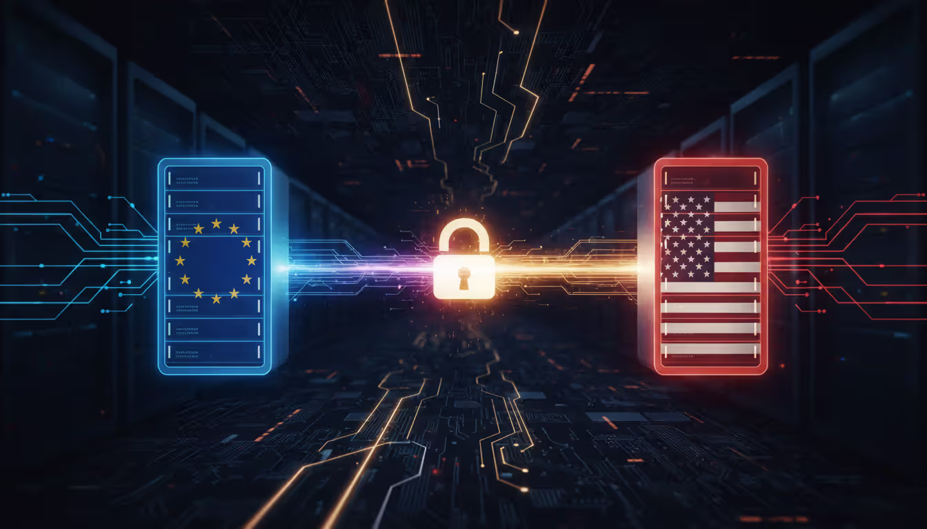 Two stylized servers with EU stars and US stripes symbols connected by encrypted glowing tunnel with lock icon, dark technological background with network infrastructure elements