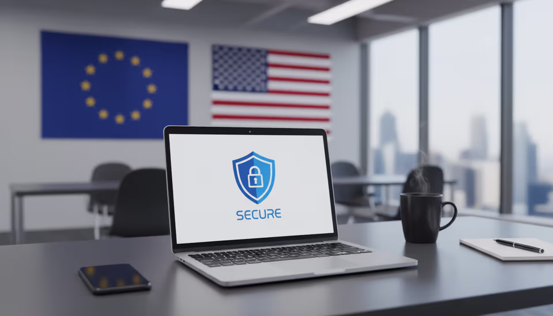 Modern US office with laptop showing data protection shield icon, EU and American flags blurred in background, professional business atmosphere