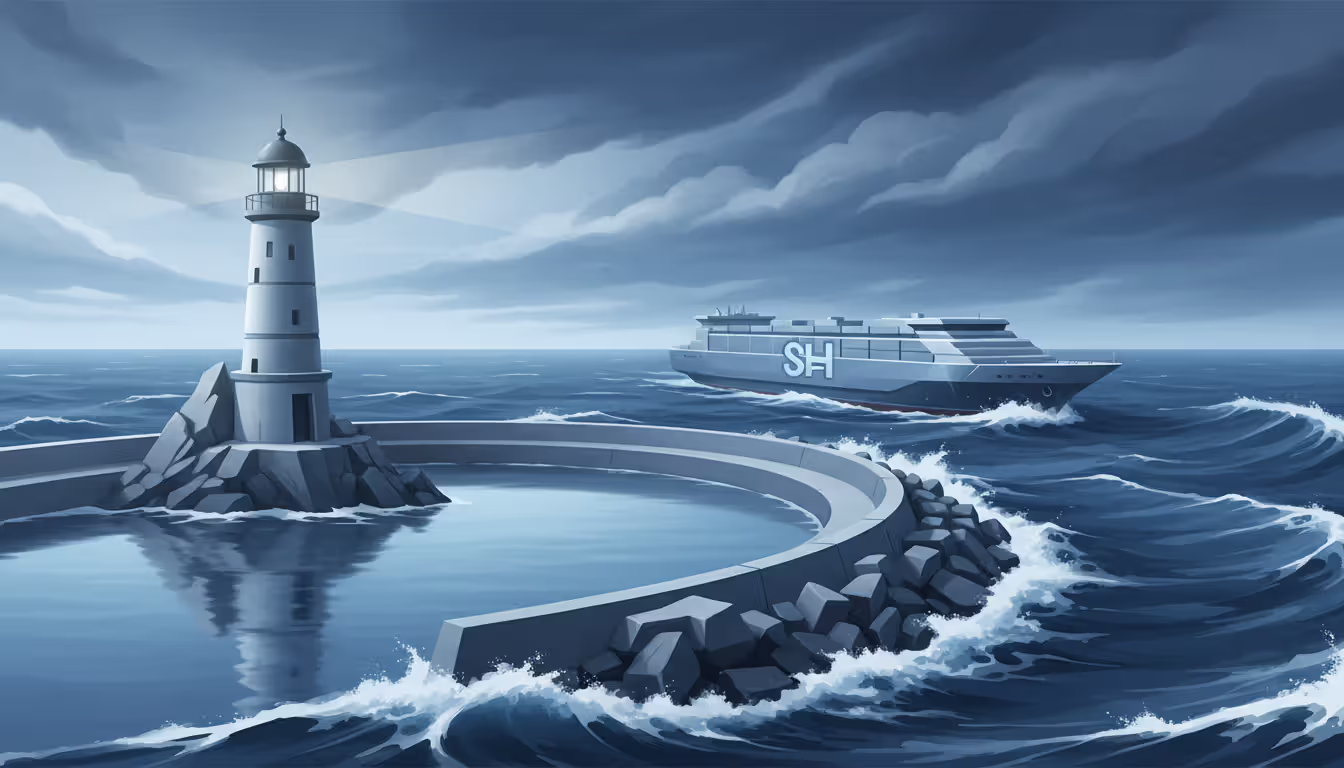 Stylized lighthouse harbor with calm water inside and stormy sea outside, business ship entering safe zone, metaphor for legal safe harbor protection