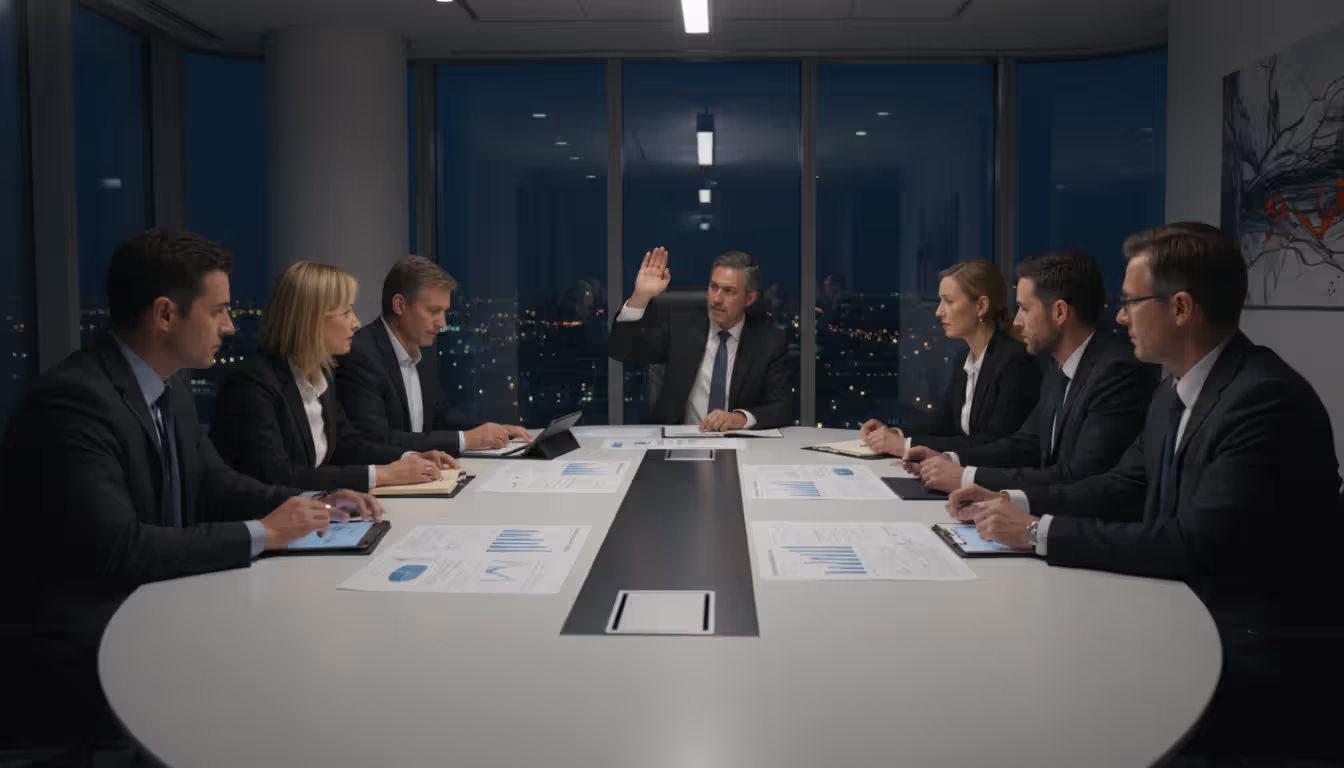 Corporate board of directors at meeting table reviewing documents and voting in modern boardroom with panoramic windows