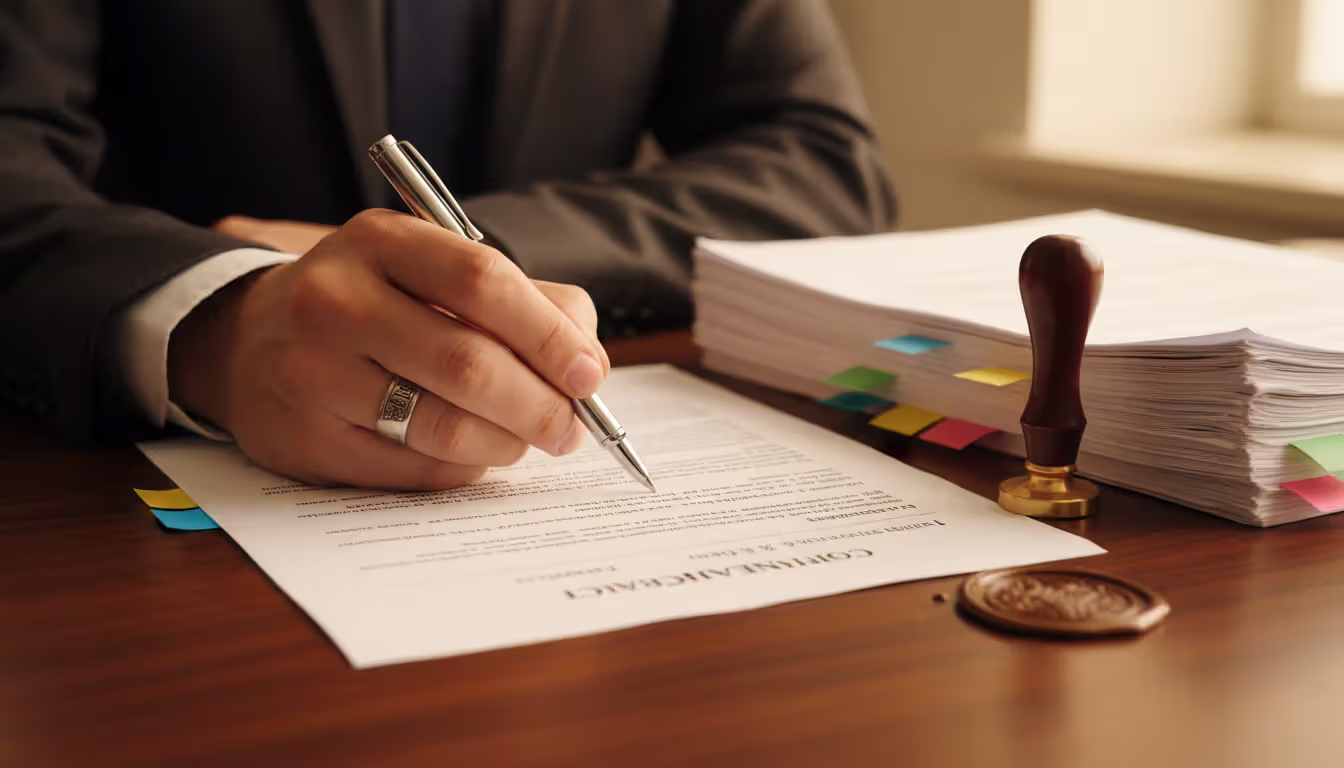 Close-up of businessman hands signing legal document with pen, stack of organized papers with colored tab bookmarks on office desk