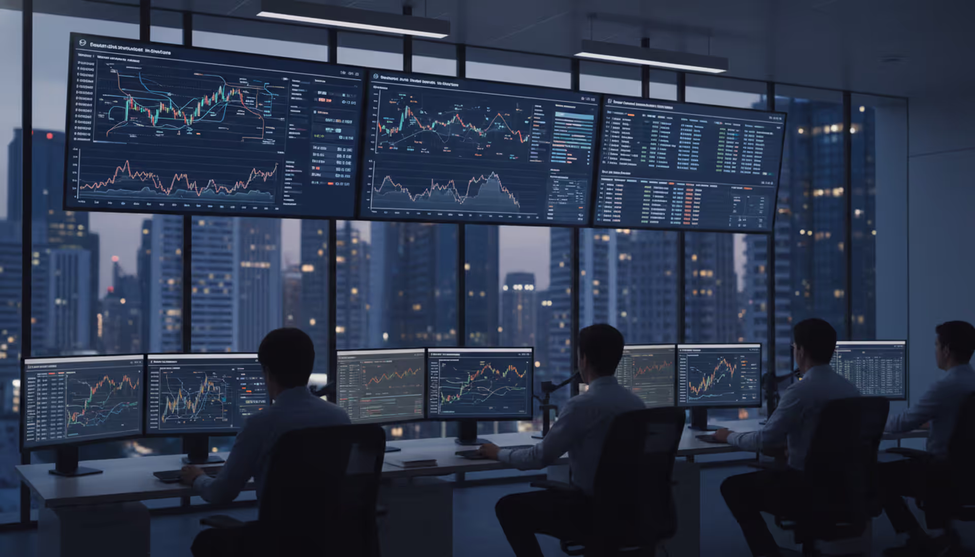 Modern bank compliance operations center with large digital monitoring screens showing data dashboards and network analysis diagrams in a professional office environment