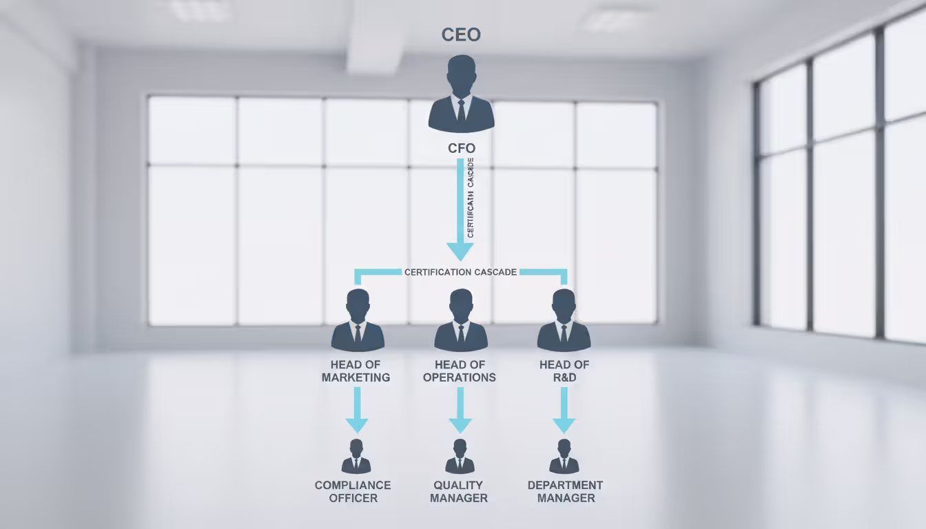 Vertical chain of corporate accountability showing CEO at top, CFO below, then business unit leaders and controllers connected by downward certification arrows in minimalist office style